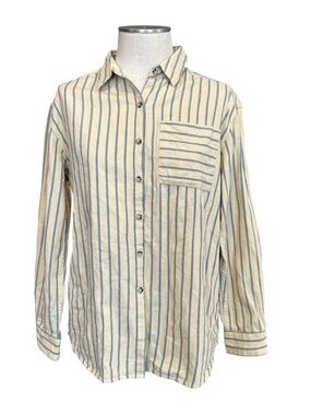Toad & Co Beige Blue Stripe Button Down Shirt Women’s Small